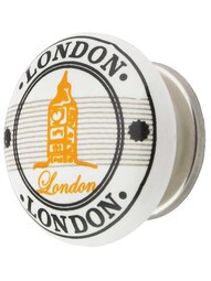 White Porcelain London Souvenir Cabinet Knob with Brass Base in Polished Nickel.